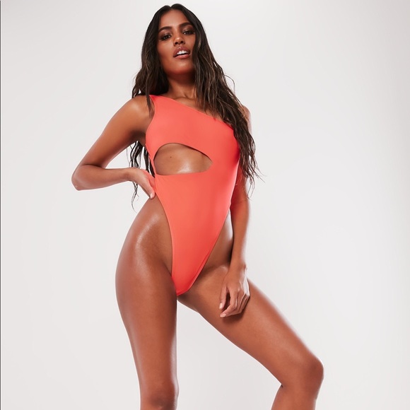 Missguided Other - Neon peach one shoulder cut out swimsuit
